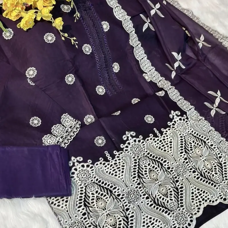 Gorgeous Cotton Laser Cut Threepiece- Light Purple