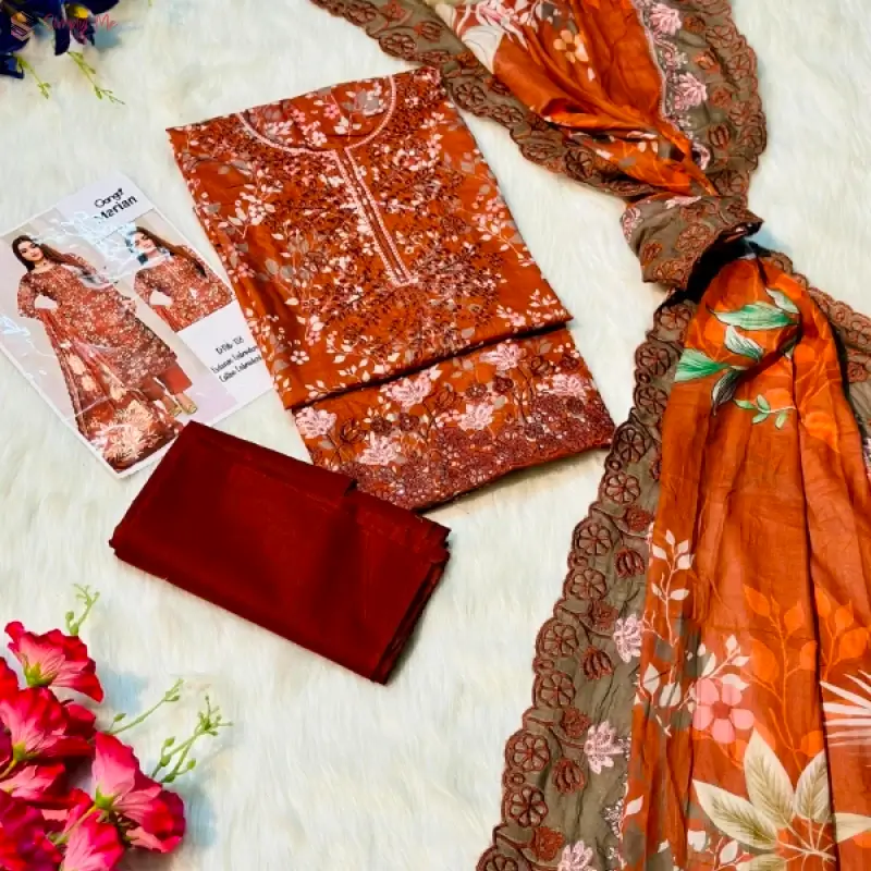 Pakistani Inspired Cotton Embroidered Three Piece at Sale price
