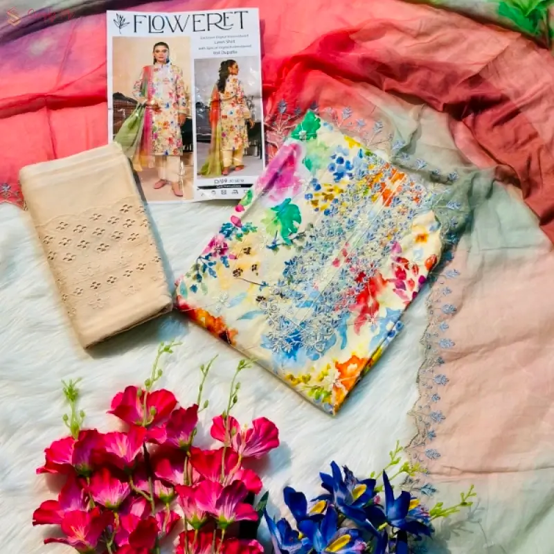 Flat Discount Floret Pakistani Cotton Threepiece!!